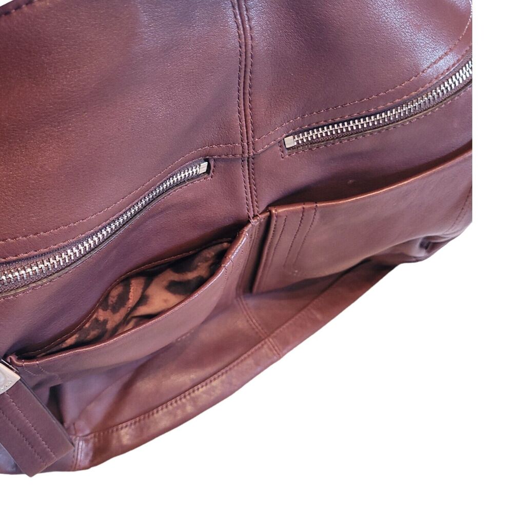B Makowsky Brown Tan Pebbled Leather Leopard Print Lining Zip Handbag Purse Bag - Picture 3 of 11